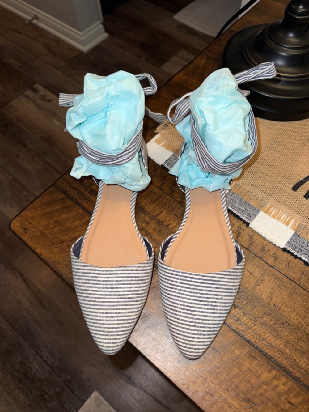 Striped Bow D'Orsay Flats in Light Blue